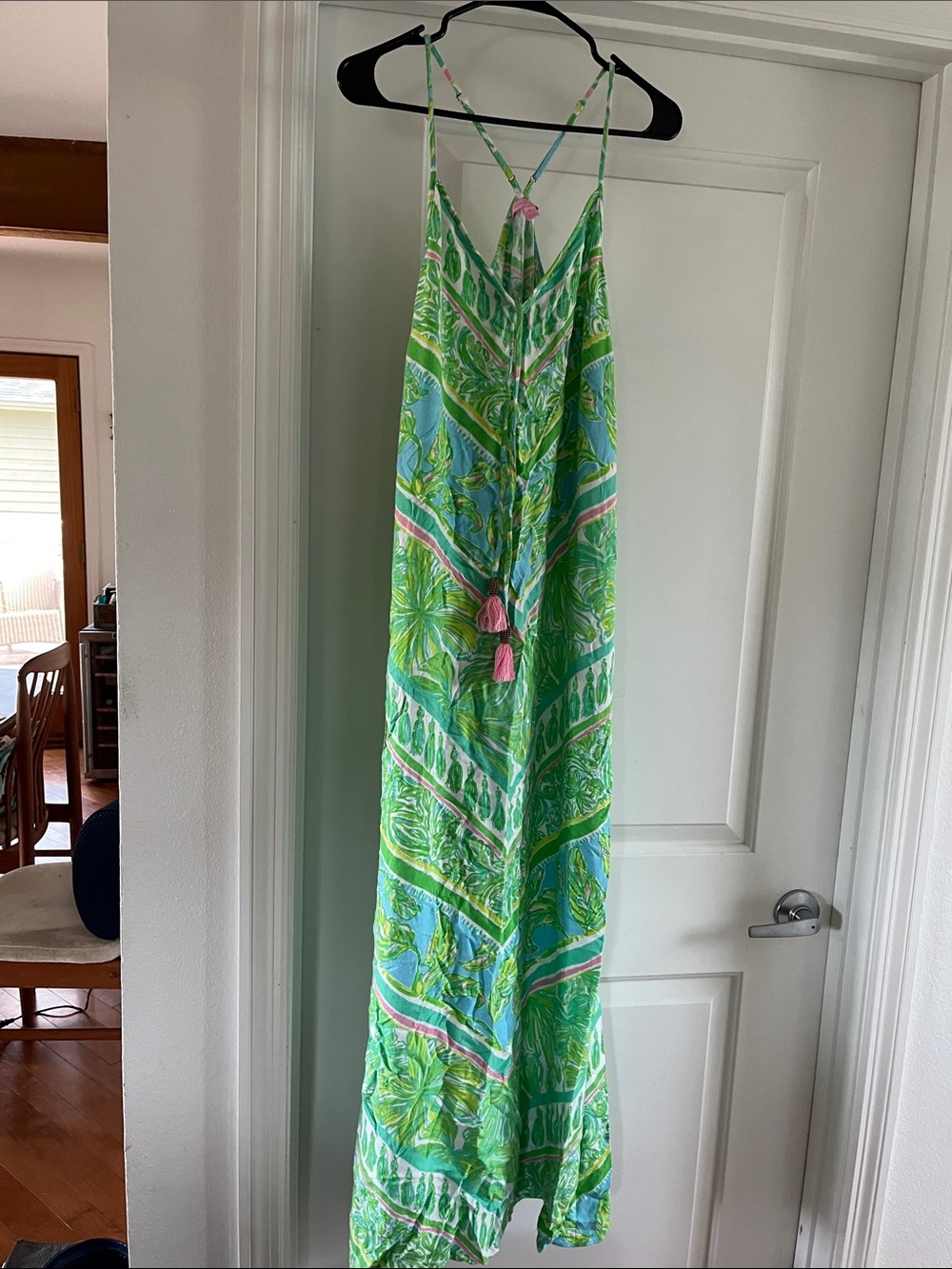 Lilly Pulitzer Green Blue Tropical Print Maxi Dress with Pink Tassels
